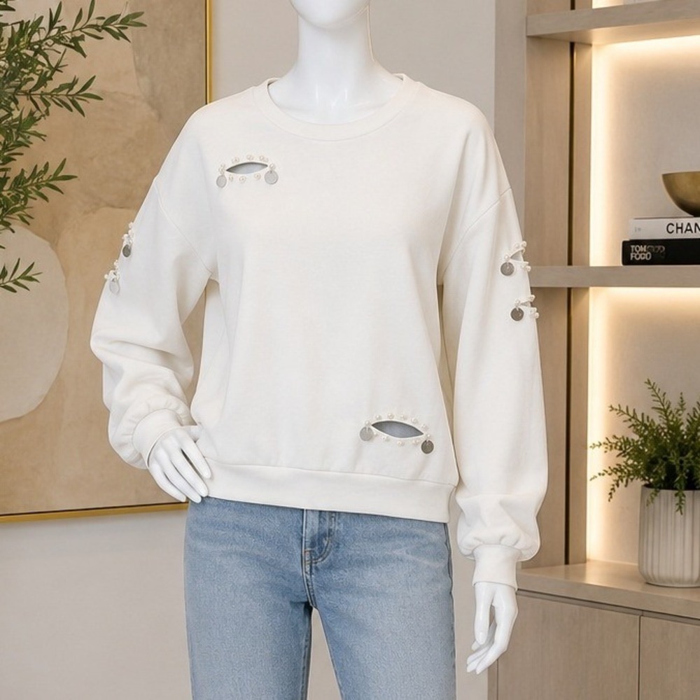AIDEN Women Sweatshirt White Pearl Sequin Cutout Sleeve Large